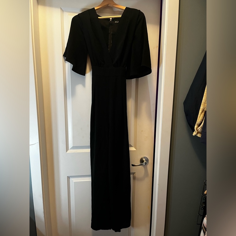 Black Flared Sleeve Flowy Jumpsuit with Tied Back and Zipper Size 8